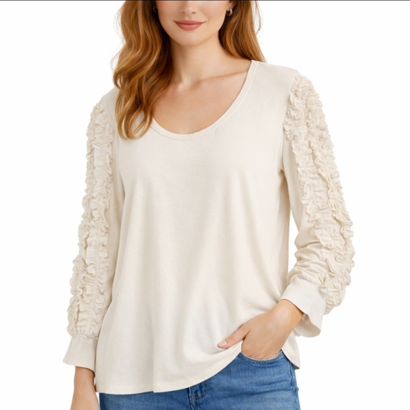 Chico's Tops - Chicos Cream Ruched Ruffled Sheer Long Sleeve Top Sz 4 (XXL)